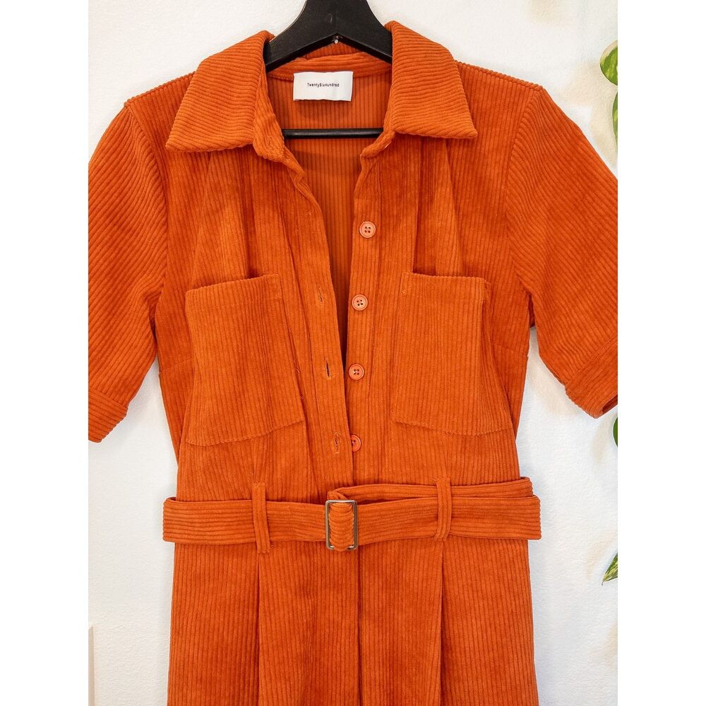 Anthropologie Rust Orange Corduroy Short-Sleeve Jumpsuit with Belt